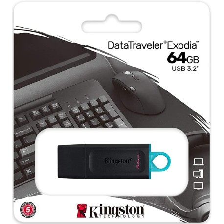 Kingston DataTraveler Exodia - Unidad Flash USB 3.2, 64GB, Gen 1, con capuchón protector y llavero en múltiples colores